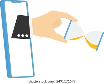 Hand human from smartphone trying to stop sandglass before it fall. Project deadline, running out of time or time management.

