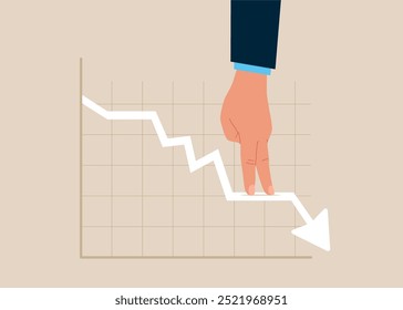 Mano humana de pie en la caída de un gráfico blanco. Recesión económica, caída del mercado de valores, crisis financiera por inflación. Ilustración vectorial plana.