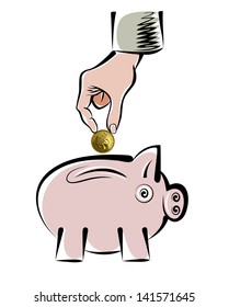 The hand of the human throws a gold coin into a piggy bank.