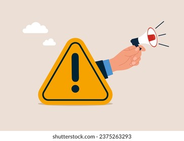 Hand human uses loudspeaker with exclamation attention sign. Important news, danger situation. Vector illustration