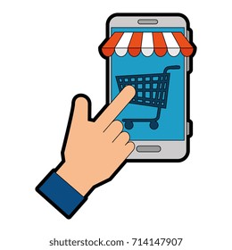 hand human using smartphone with market online app