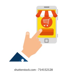 hand human using smartphone with market online app