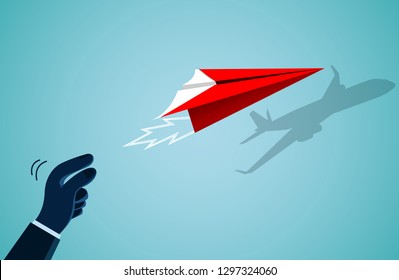 hand human who threw the red paper plane there is a shadow on the wall as an airplane. isolated on background blue. business success goal. creative idea. illustration cartoon vector