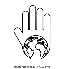hand human with world planet silhouette icon vector illustration design