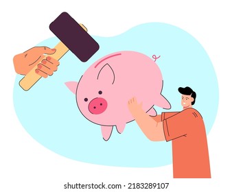 Hand with hummer and man with piggy bank. Person breaking bank, spending savings flat vector illustration. Finance, investment, banking concept for banner, website design or landing web page