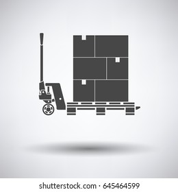 Hand hydraulic pallet truc with boxes icon on gray background, round shadow. Vector illustration.