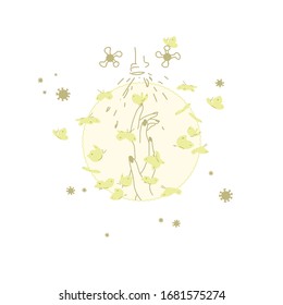 
Hand hygiene. Clean hands. The girl washes her hands. Yellow butterflies and a virus. Prevention of the virus. Water flows from the tap. Coronavirus (COVID-19)