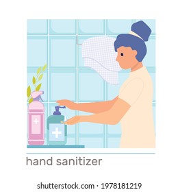 Hand hygiene composition with woman using sanitizer in bathroom flat vector illustration