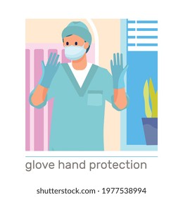 Hand hygiene flat composition with doctor wearing protective medical gloves and mask vector illustration