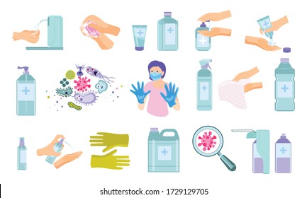 Hand hygiene flat icons collection with disinfection product images bacteria microbes and protecting gloves with hands vector illustration