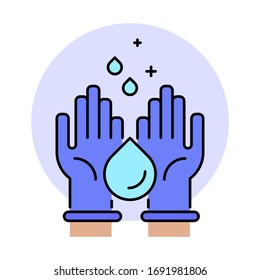 Hand hygiene. Human palms in sterile gloves with drops of liquid. Simple modern line art illustration. Vector file.