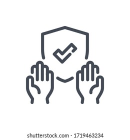Hand hygiene line icon. Hands with shield and tick vector outline sign.