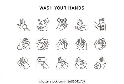 Hand hygiene line icon set. Simple Minimal Pictogram. Personal hygiene, disease prevention and healthcare hand washing.