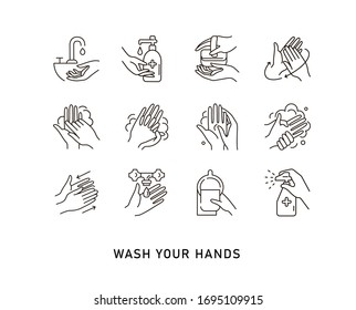 Hand hygiene line icon set. Simple Minimal Pictogram. Personal hygiene, disease prevention and healthcare hand washing.