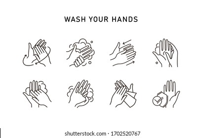 Hand Hygiene Line Icon Set. Simple Minimal Pictogram. Personal Hygiene, Disease Prevention And Healthcare Hand Washing.