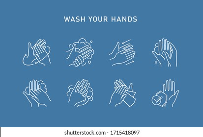 Hand Hygiene Line Icon Set. Simple Minimal Pictogram. Personal Hygiene, Disease Prevention And Healthcare Hand Washing.