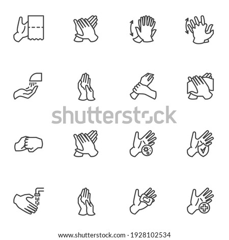 Hand hygiene line icons set, washing hands outline vector symbol collection, linear style pictogram pack. Signs, logo illustration. Set includes icons as wash palms and fingers, soap, sanitary wipe