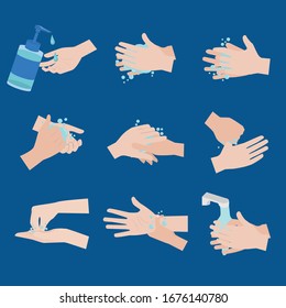 Hand hygiene prevention without E.coli, S.pyogenes, H1N1virus, covic19. steps by steps, washing your hand Far from the disease by yourself. Health care concept. vector illustration