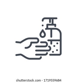 Hand hygiene sanitizer line icon. Hand with sanitizer vector outline sign.