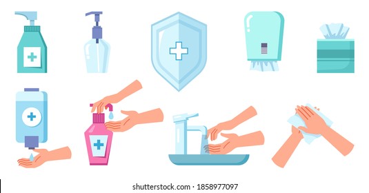 Hand hygiene, sanitizer and liquid soap, napkins box and washing tools isolated set. Vector cleaning and disinfection, antiseptic disinfect spray, coronavirus prevention objects, medical shield