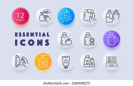 Hand hygiene set icon. Antibacterial soap, antiseptic spray, moisturizer, quality mark, eco, price tag, cleanser, water drop, laptop. Personal care concept. Neomorphism. Vector line icon for Business