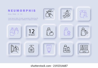 Hand hygiene set icon. Antibacterial spray, wash, antiseptic, laptop, information about product, eco, natural ingredients, cleanser. Personal care concept. Neomorphism. Vector line icon for Business.