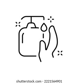 Hand hygiene set icon. Antibacterial soap, antiseptic spray, drop, water, splash, quality mark, price tag, dollar, cleanser, detergent. Personal care concept. Vector line icon