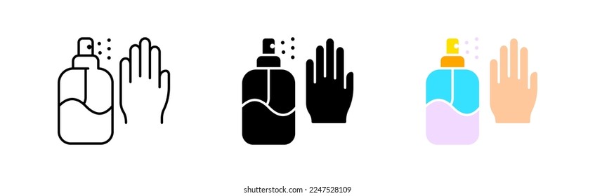 Hand hygiene set icon. Antibacterial soap, antiseptic spray, drop, water, splash, quality mark, cleanser, detergent. Personal care concept. Vector icon in line, black and colorful style