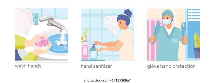 Hand hygiene set of square compositions with human characters washing hands wearing gloves with text captions vector illustration