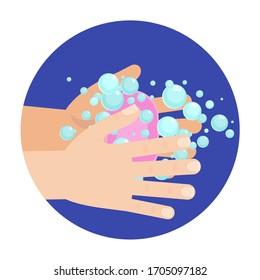 Hand hygiene. Hand washing with soap suds. Sanitizer bottles, washing gel, spray and liquid soap. Antiseptic for disinfection. Personal protective for epidemic covid-19. Flat vector illustration.