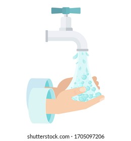 Hand hygiene. Hand washing with soap suds. Sanitizer bottles, washing gel, spray and liquid soap. Antiseptic for disinfection. Personal protective for epidemic covid-19. Flat vector illustration.