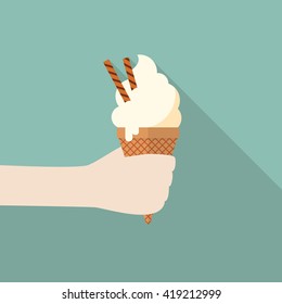 Hand with ice cream cone. flat style with long shadow