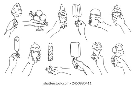 Mano con helado. Mano continua de una línea sosteniendo conos, paletas y helados sundaes Ilustración vectorial con trazos editables. Dibujo dulce del postre, contorno continuo de la crema