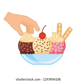 hand with ice cream on bowl