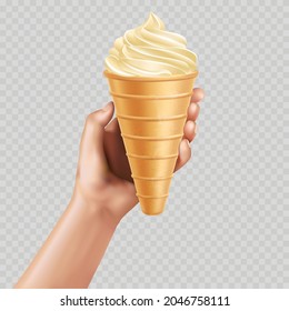 Hand with ice cream on a transparent background. Vector mockup.	
