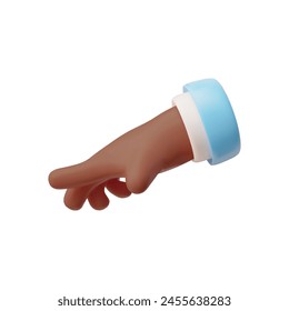 Hand icon in 3D vector illustration. Cartoon realistic gesture of palm facing down with dark skin and blue sleeve on isolated background. Icon for design.
