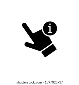 Hand icon in black flat on white background, gestures icon with information sign, Hand icon and about, faq, help, hint symbol. Button, finger, help, hint, icon, computer, know, about, aiming, arm, cho