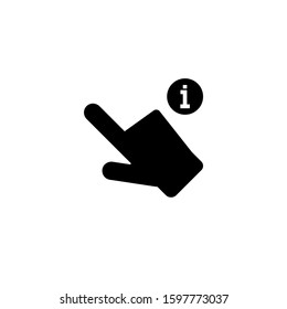 Hand icon in black flat on white background, gestures icon with information sign, Hand icon and about, faq, help, hint symbol. Button, finger, help, hint, icon, computer, know, about, aiming, arm, cho