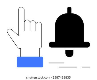 Hand icon with a blue cuff pointing to a black bell symbol representing notifications. Ideal for app interfaces, website alerts, UI UX design, reminders, user engagement, push notifications