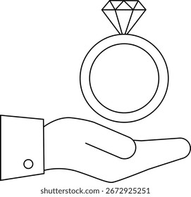 Hand-Symbol, das einen Diamantring trägt Symbol mit weißem Hintergrund.mit schwarzen Linien