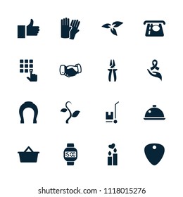 Hand icon. collection of 16 hand filled icons such as plant, glove, atm money withdraw, dish, wrist dial watch, shopping bag, pliers. editable hand icons for web and mobile.
