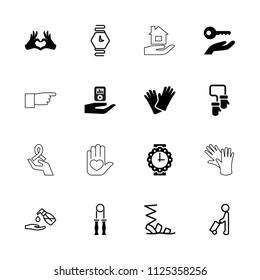 Hand icon. collection of 16 hand filled and outline icons such as gloves, heart tag, wrist watch for woman, man with luggage. editable hand icons for web and mobile.
