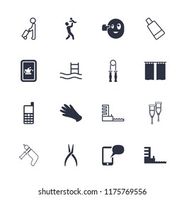 Hand icon. collection of 16 hand filled and outline icons such as gloves, harbor, curtain, man with luggage, cream tube, pool ladder. editable hand icons for web and mobile.