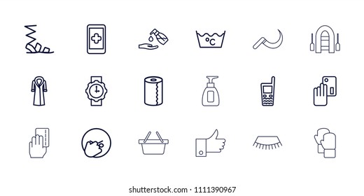 Hand icon. collection of 18 hand outline icons such as paper towel, liquid soap, laundry, sandals, overcoat, credit card. editable hand icons for web and mobile.