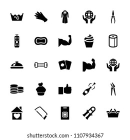 Hand icon. collection of 25 hand filled icons such as dish, cream, gloves, paper towel, laundry, hacksaw, pliers, like, muscle. editable hand icons for web and mobile.