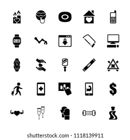 Hand icon. collection of 25 hand filled icons such as soap, hacksaw, dollar, cool emot, heart with muscles, muscular arm  on phone. editable hand icons for web and mobile.