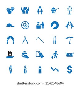 Hand icon. collection of 25 hand filled icons such as plant, pass control, mirror, horseshoe, gloves, pliers, scythe, remote control. editable hand icons for web and mobile.