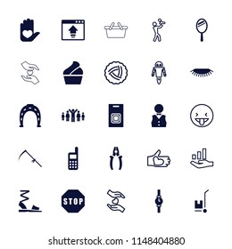 Hand icon. collection of 25 hand filled and outline icons such as horseshoe, scythe, phone, waiter, door bell, stop. editable hand icons for web and mobile.