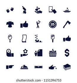 Hand icon. collection of 25 hand filled icons such as dish, level ruler, finger on display, paper towel, sandals, nail gun. editable hand icons for web and mobile.