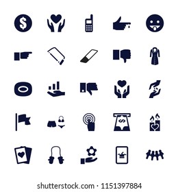 Hand icon. collection of 25 hand filled icons such as baby mitten, poker on phone, soap, hacksaw, money, dislike, showing tongue emot. editable hand icons for web and mobile.